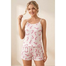 Fit Women Kadın Baston Şeker Desenli Ip Askılı Şortlu Pijama Takımı 4613 Pembe