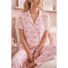 Fit Women Kadın Pembe Kurdele Desenli Bürümcük Kumaş Kısa Kollu Pijama Takımı 6064