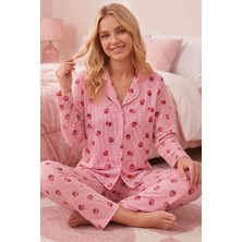 Fit Women Kadın Çilek Desenli Uzun Kollu Pijama Takımı 4605 Pembe
