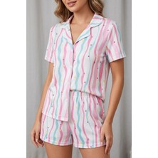 Fit Women Kadın Yıldız ve Kalp Desenli Çizgili Düğmeli Şortlu Pijama Takımı 4606 Çok Renkli