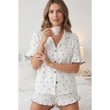 Fit Women Kadın Siyah Kalp Desenli Fırfır Detaylı Şortlu Pijama Takımı 8072