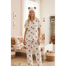 Fit Women Kadın Ayıcık Desenli Bürümcük Kumaş Kısa Kollu Pijama Takımı 6068