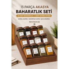 Penthouse 13 Parça Bambu Standlı Cam Baharatlık Seti 120 ml 12’li Baharat Kavanozu ve 16 Etiket