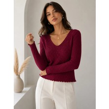 Sortie Collection Kadın V Yaka Bürümcük Detaylı Uzun Kollu Bluz Bordo