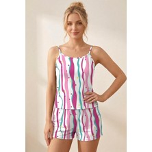 Fit Women Kadın Yıldız ve Kalp Desenli Çizgili Ip Askılı Şortlu Pijama Takımı 4612 Çok Renkli