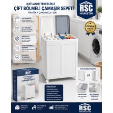 RSC Marketim 2 Bölmeli Tekerlekli 50 + 50 Litre Kapaklı Çamaşır Sepeti, Kirli Sepeti