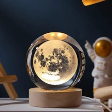 Senon Dolunay Kristal Cam Küre LED Işıklı USB Kablolu Ahşap Stantlı Gece Lambası Dekoratif He