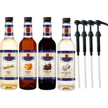 Kahve ve Kokteyl Şurubu 700 ml 4'lü Set Karamel+Vanilya+Çikolata+Beyaz Çikolata + 4 Adet Pompa
