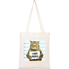 I Hate People Bez Çanta Kedi Baskılı Komik Yazılı Ham Bez Çanta