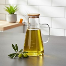 Deconox 1 Adet 900 ml Bambu Kapaklı Borosilikat Cam Yağlık ve Sirkelik, Isıya Dayanıklı ve Öl