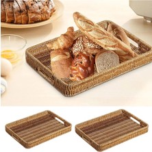 3 Lü Rattan Tepsi Dekoratif Tepsi Hasır Örme Tepsi Açık Krem