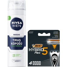 Nıvea Men Erkek Hassas Tıraş Köpüğü 200 ml + Bıc Hybrid 5 Flex 4'lü Yedek Tıraş Bıçağı
