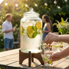 Amberhaus Akasya Ahşap Standlı Musluklu Cam Sebil - Soğuk Içecek Dispenseri ve Limonata Sürahi