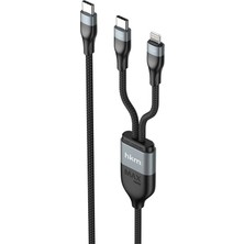 Duo Power 100W Çift Uçlu, Type-C To Lightning + Type-C Şarj Kablosu, Örgü Tasarım, 1.2 Metre,