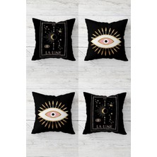 Göz ve Ay Desenli La Luna Gizli Fermuarlı Kırlent Kılıfı Koltuk Yastık Kılıfı Takım 4ADET