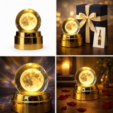 Deinhaus Kristal Küre Ay Lambası, Altın Renkli Taban, LED Işıklı, Masa Lambası, 15 Cm, Sıca
