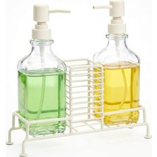 Amberhaus 2'li Standlı Kare Cam Sabunluk Seti / 2 x 500 ml / Ferforje Metal Standlı Siyah & Krem R