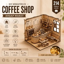 Algwooddesign Coffee Shop Ahşap Maket, 214 Parça Dıy Minyatür Kafe Modeli, LED Işıklı Mdf 3D P