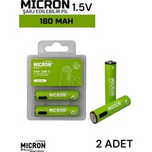 Micron Aaa Şarj Edilebilir Pil 1.5V 180MAH USB Type-C Girişli Ince Kalem Pil 2’li