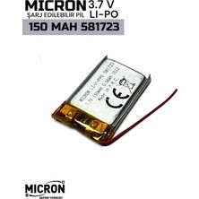 Micron 3.7V 150MAH Lityum Polimer (Li-Po) Şarj Edilebilir Pil 581723 (5.8×17×23 Mm)