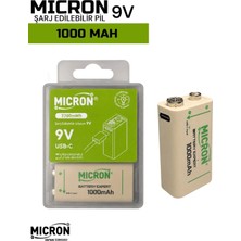 Micron 9V Şarj Edilebilir Pil 1000MAH USB Type-C Yassı Pil , 9V Pil