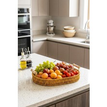 Valera Rattan Dekoratif Sepet Sunum Servis Tepsisi Ahşap Saplı Oval Sepet 28 cm