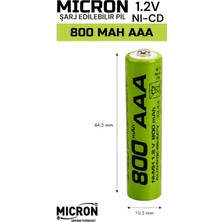 Micron Aaa 800 Mah 1.2V Ni-Cd Şarj Edilebilir Ince Kalem Pil 1 Adet