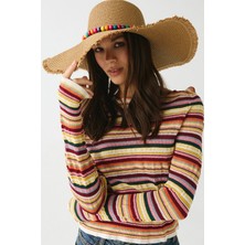 C&city Boncuk Taş Detaylı Geniş Hasır Şapka Y8222 Camel