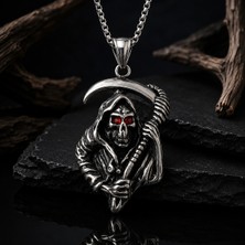 Voyage Accessory Paslanmaz Çelik Kırmızı Zirkon Taşlı Gotik Stil Azrail Kuru Kafa Kolye