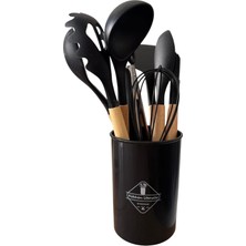 8 Parça Premium Mutfak Seti, Ahşap Saplı ve Silikon Uçlu, Siyah, Kepçe, Spatula, Çırpıcı, F