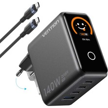 Vention Dash Pro 140W Gan 5.0 Akıllı Ekranlı ve Emojili 4-Portlu Hızlı Şarj Cihazı (3xusb-C + 1xusb-A)
