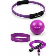 Delta Pilates Kardiyo Seti – 35 cm Çember + Aerobik Direnç Bandı + Pilates Topu (20 Cm) + Atlama Ipi