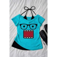 Moonstyle Collection Domo Kun Ek Askılı Turkuaz Y2K Street Tam Boy Bluz