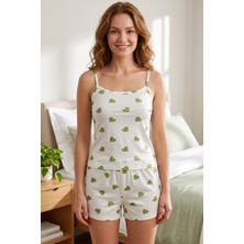Hadiora Kadın Beyaz Yeşil Kalp Desenli Askılı Şortlu Pijama Takımı - Pamuklu Rahat Pijama