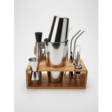 Bar Boss Professional Barware Elite Bar Kokteyl Seti - Ahşap Standlı 12 Parça Profesyonel Boston Shaker Seti