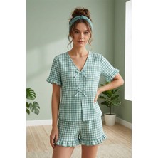Fit Women Kadın Fiyonklu Fırfır Detaylı Kareli Şortlu Pijama Takımı 4586