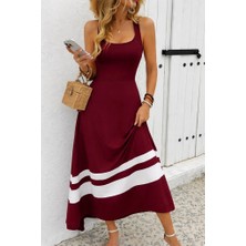 Defy Moda Kadın Askılı Yuvarlak Yaka Asimetrik Şerit Detaylı Uzun Viskon Elbise