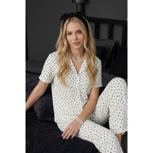 Fit Women Kadın Siyah Kalp Detaylı Bürümcük Kumaş Kısa Kollu Pijama Takımı 6066