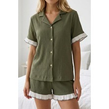 Fit Women Kadın Bürümcük Kumaş Fırfır Detaylı Düğmeli Şortlu Pijama Takımı 6021