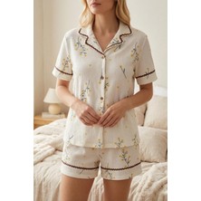 Fit Women Kadın Kahverengi Su Yolu Desenli Sarı Çiçek Baskılı Şortlu Pijama Takımı