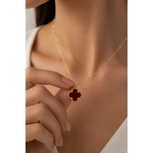 Diamine Pırlanta 14 Ayar Altın Kalın Aynalı Bordo Taşlı Yonca Kolye