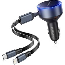 Vention 30W 3 Portlu Kendinden Kablolu (Type-C + Lightning) Alüminyum Hızlı Araç Şarj Cihazı - Siyah (Ffo)