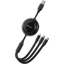Vention 3'ü 1 Arada Makaralı (2 x Type-C + Lightning) 3,5A Hızlı Şarj Kablosu 1,1m - Siyah (Trj)