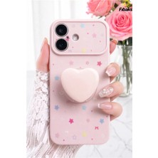 Fibaks iPhone 17 Kılıf Pembe Kalpli Pop Soketli 3D Kalp Detaylı Yıldız Desenli Kamera Korumalı Telefon Kılıfı