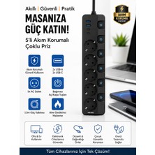 Deanb 9in1 3680W Anahtarlı 5 Soket 2 USB 2 Type-C 2m Kablolu Hızlı Şarjlı Akım Korumalı Çoklu Priz