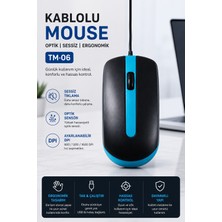 Yenilig Mouse Optik Sessiz ve Ergonomik Tasarım Kablolu Fare TM06 Mavi | USB Kablolu Mouse 1600 Dpı Bilgisayar Laptop Uyumlu