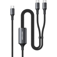 Vention 140W Çift Type-C Çıkışlı 5A Alüminyum Alaşımlı Örgülü Ikili Hızlı Şarj Kablosu 1,3m - Siyah (Tru)