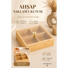 Penthouse 4 Bölmeli Şeffaf Kapaklı Bambu Ahşap Saklama ve Düzenleme Kutusu 20X20 cm