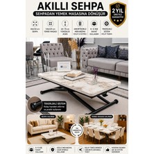 Sehpam Akıllı Home Üst Tabla Mdf Beyaz Mermer Desen Oval Köşe Alt Ayak Siyah 