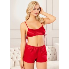Rozelt Kadın Kırmızı Saten Şortlu Pijama Takımı Yanı Bağlamalı Büstiyer